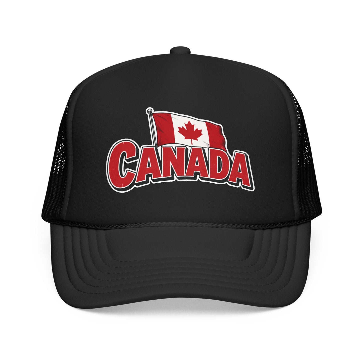Black trucker hat with mesh sides and Canada flag “CANADA” front logo