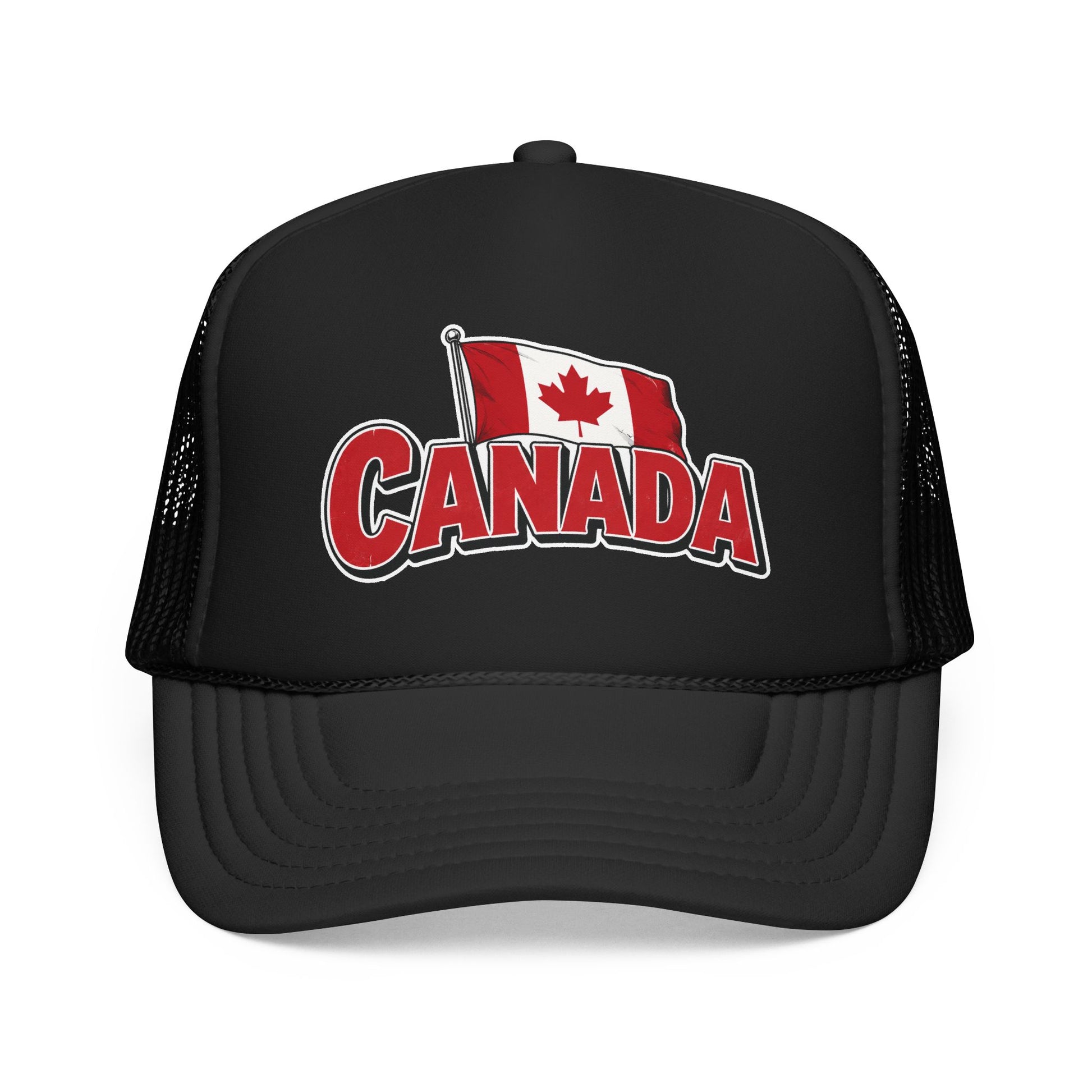 Black trucker hat with mesh sides and Canada flag “CANADA” front logo