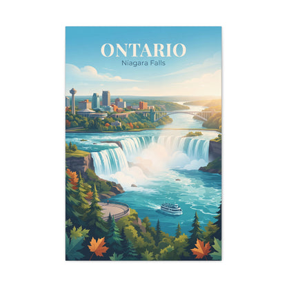 Vertical canvas wall art with Niagara Falls, evergreen trees, and “Ontario” label