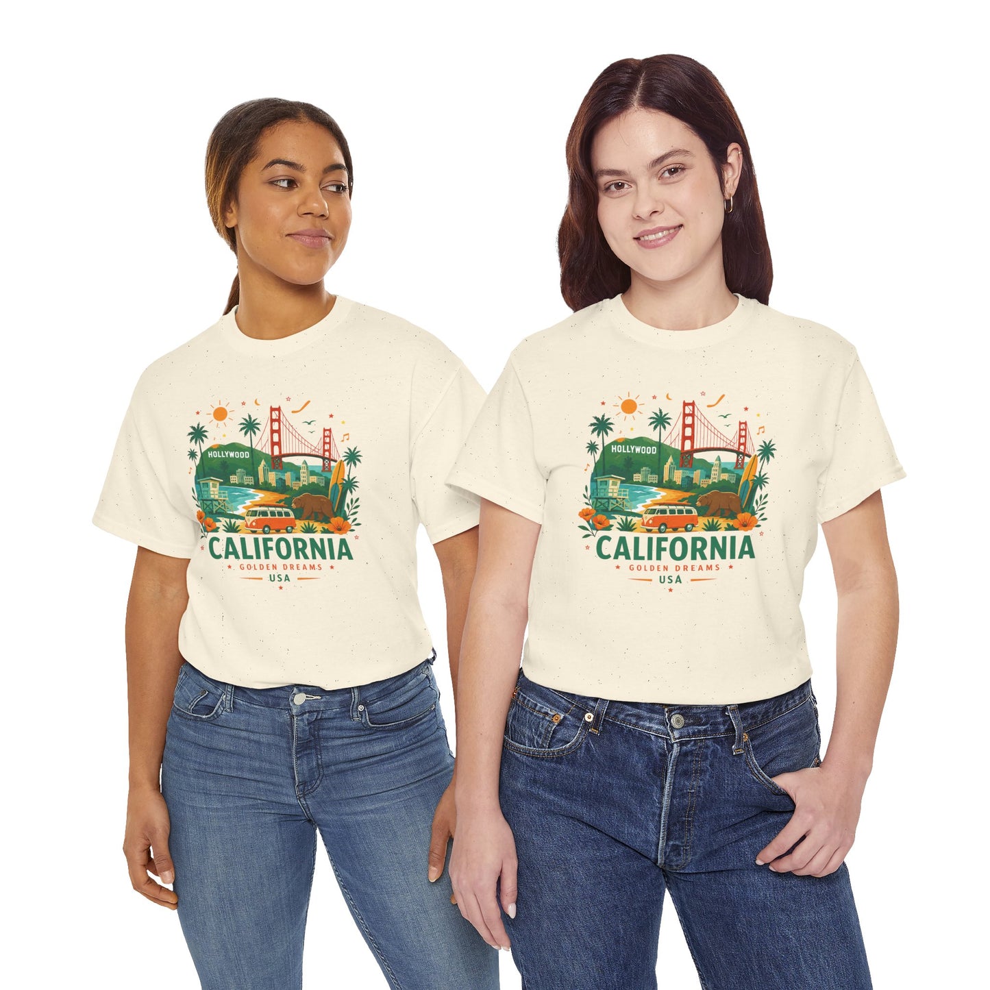 Natural unisex T-shirts with crew neck and colorful California skyline graphic