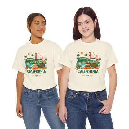 Natural unisex T-shirts with crew neck and colorful California skyline graphic