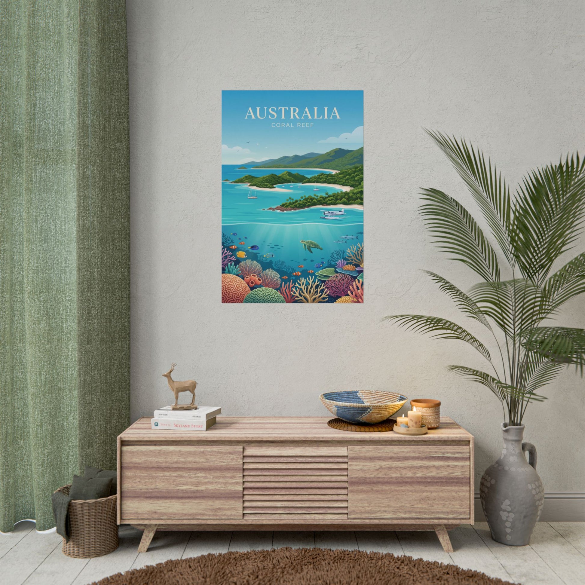 Rolled coral reef poster on wall, small ocean bay scene with fish and coral