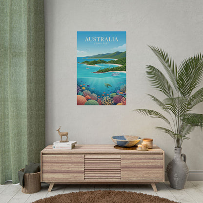 Rolled coral reef poster on wall, small ocean bay scene with fish and coral