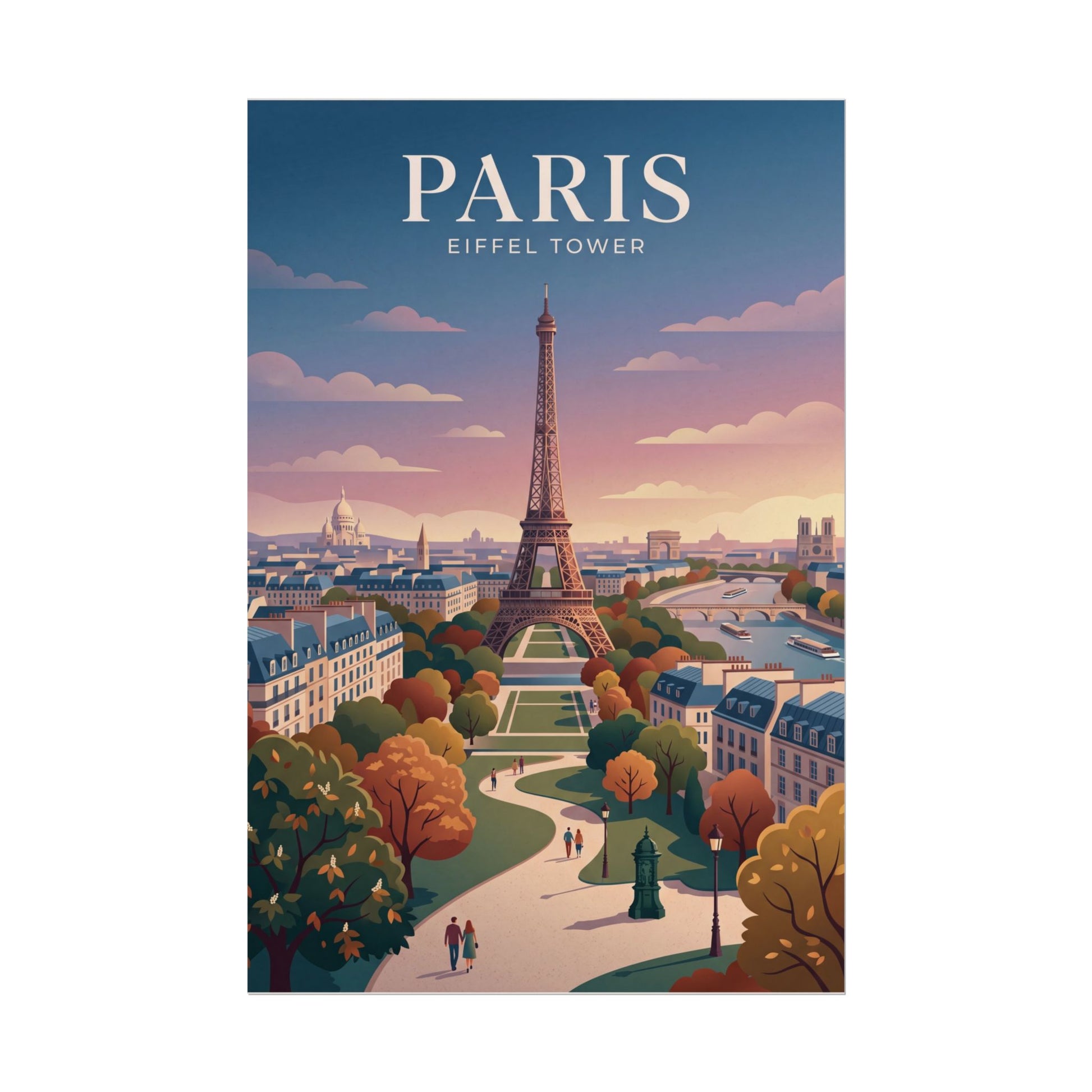 Paris Eiffel Tower poster with 'PARIS' title and colorful cityscape illustration.