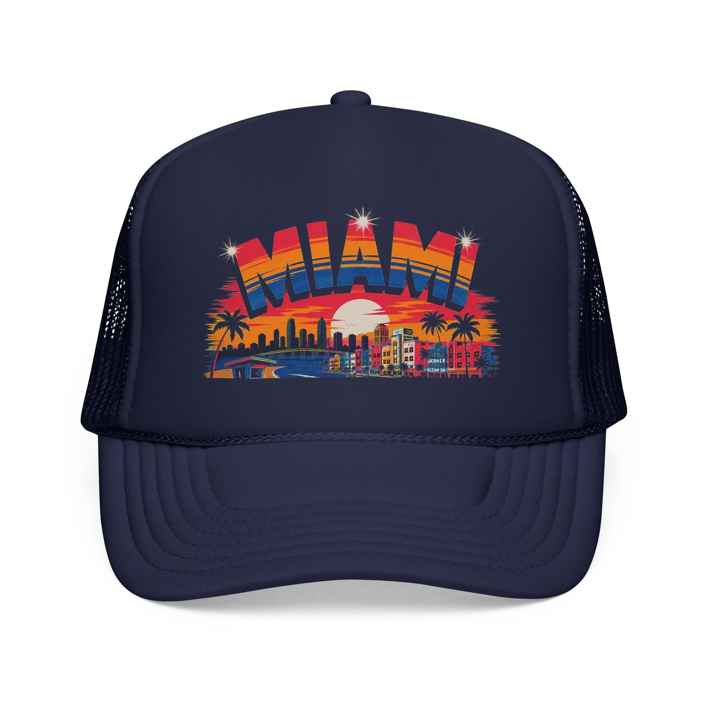 Dark navy trucker hat with Miami sunset skyline graphic on front