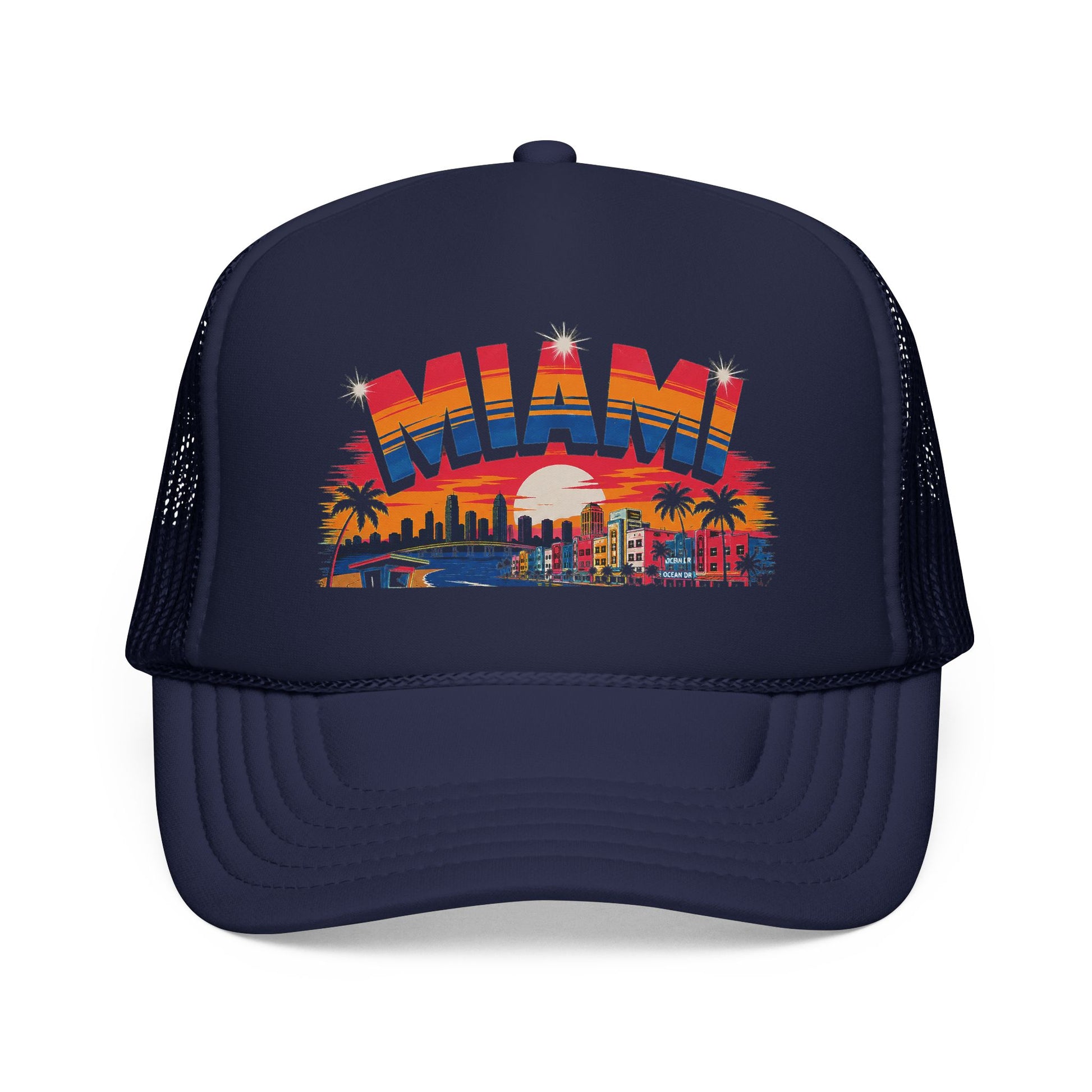 Dark navy trucker hat with Miami sunset skyline graphic on front