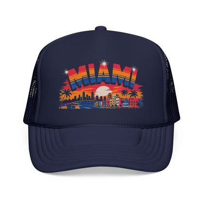 Dark navy trucker hat with Miami sunset skyline graphic on front