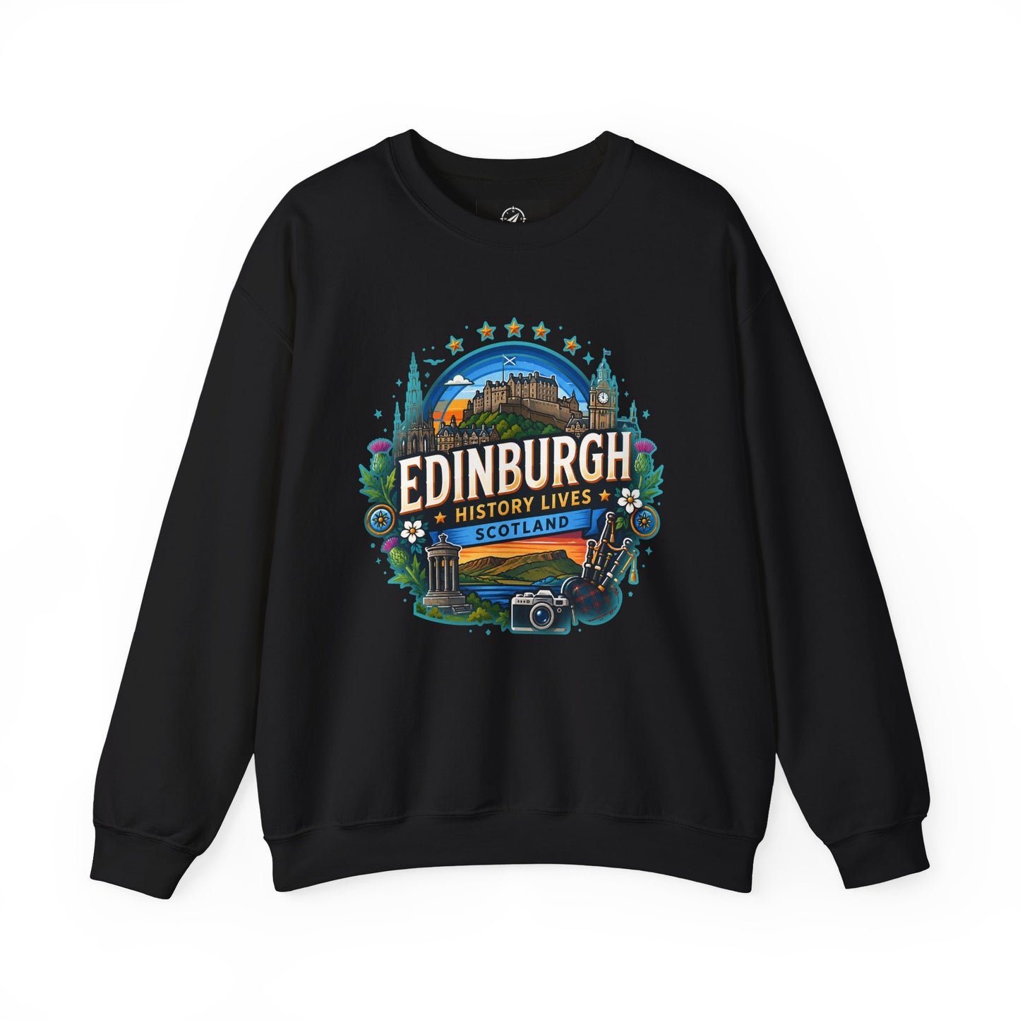 Black crewneck sweatshirt with front “Edinburgh” graphic print