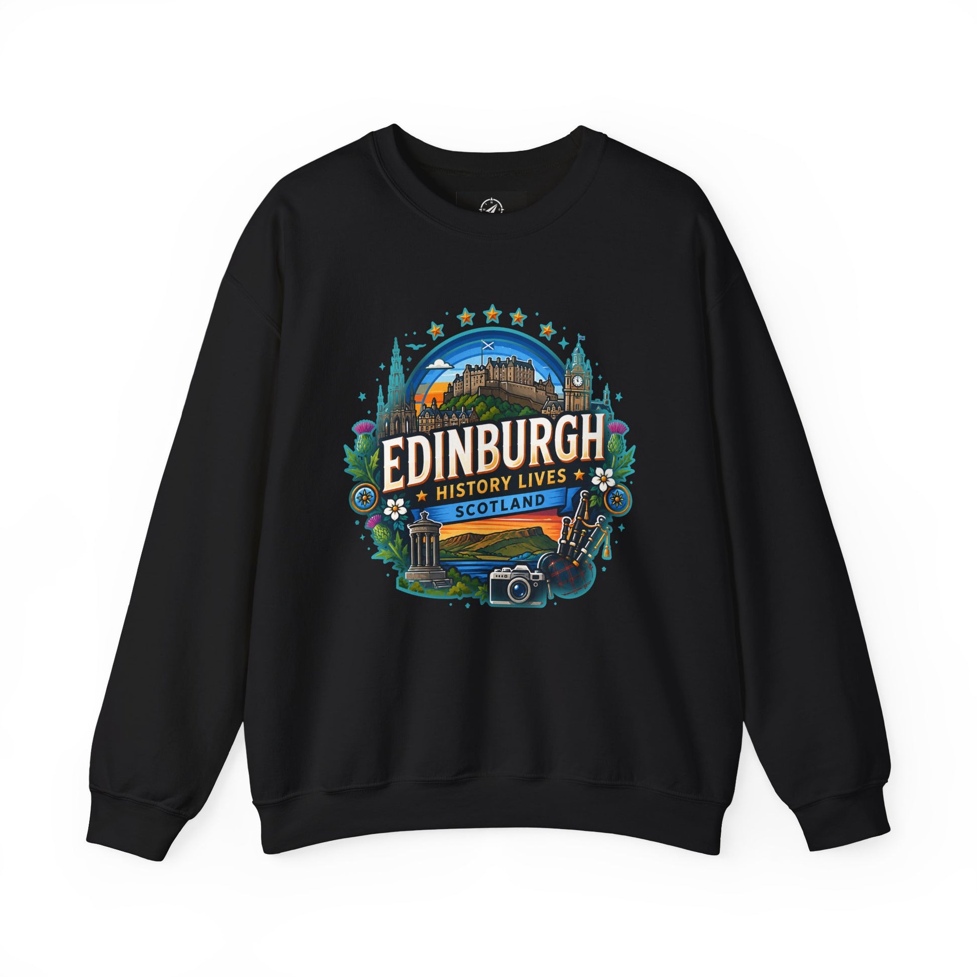 Black crewneck sweatshirt with front “Edinburgh” graphic print