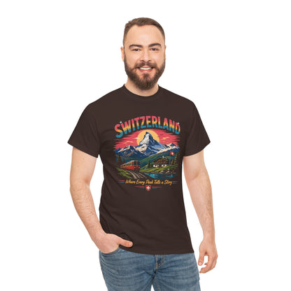 Dark brown crew-neck vintage T-shirt with Switzerland mountain scene graphic