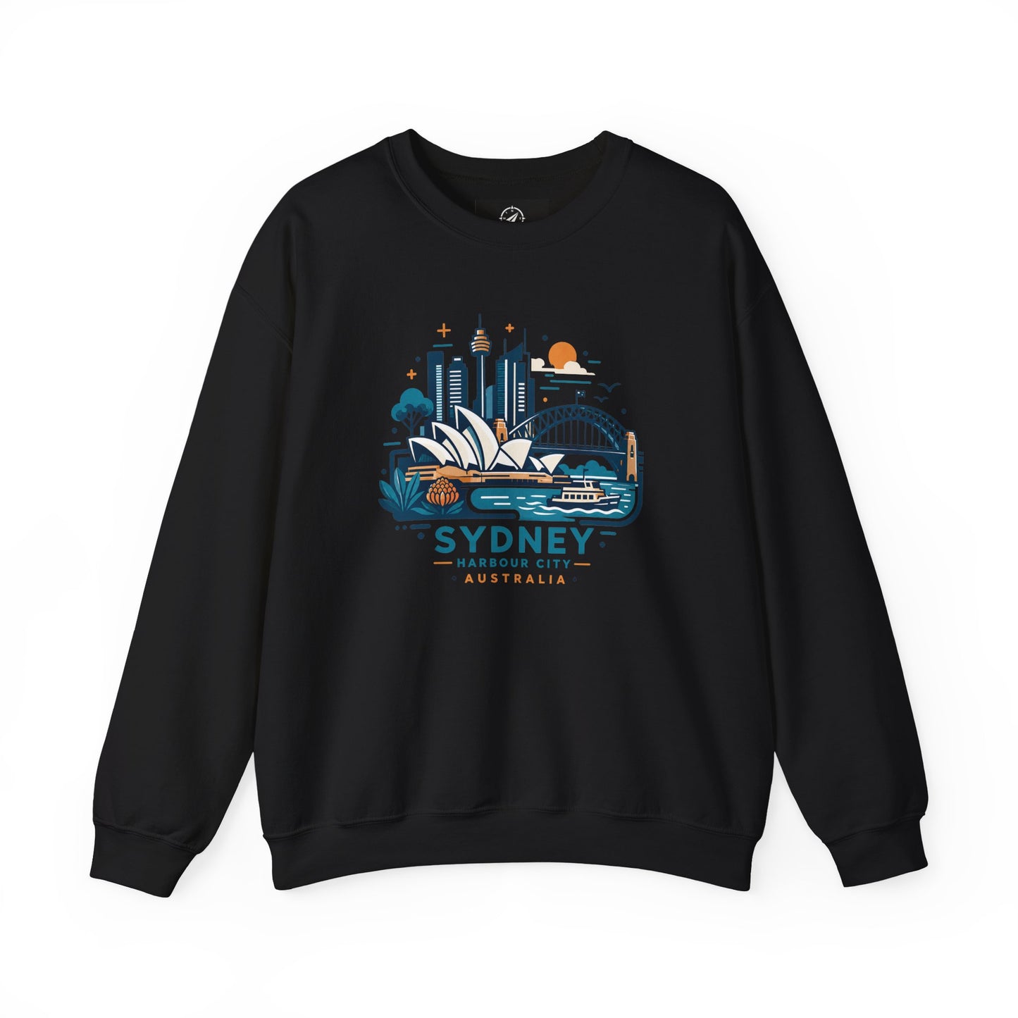 Black crewneck sweatshirt with Sydney Harbor City graphic on the front