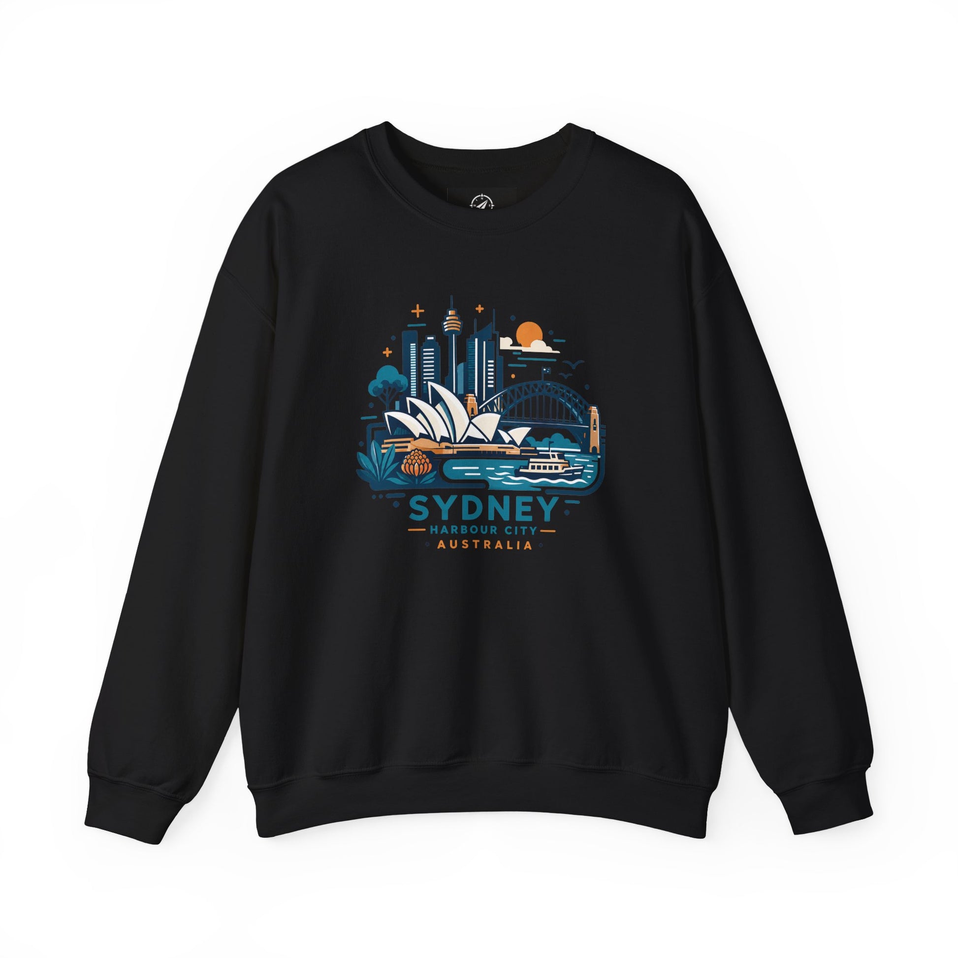 Black crewneck sweatshirt with Sydney Harbor City graphic on the front