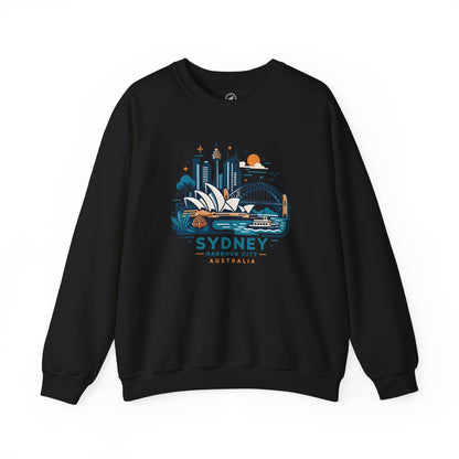 Black crewneck sweatshirt with Sydney Harbor City graphic on the front