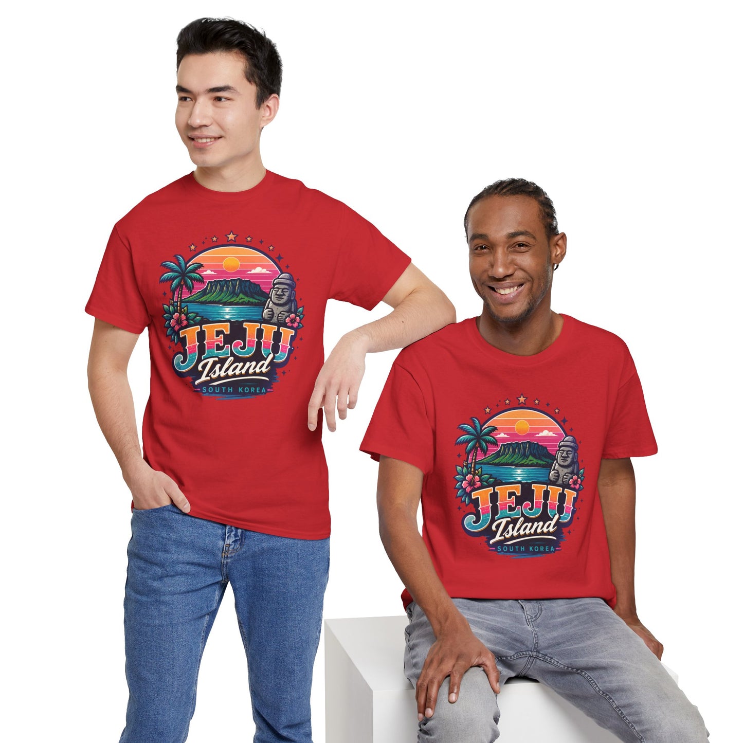 Red T-shirt with Jeju Island chest graphic, worn by two people