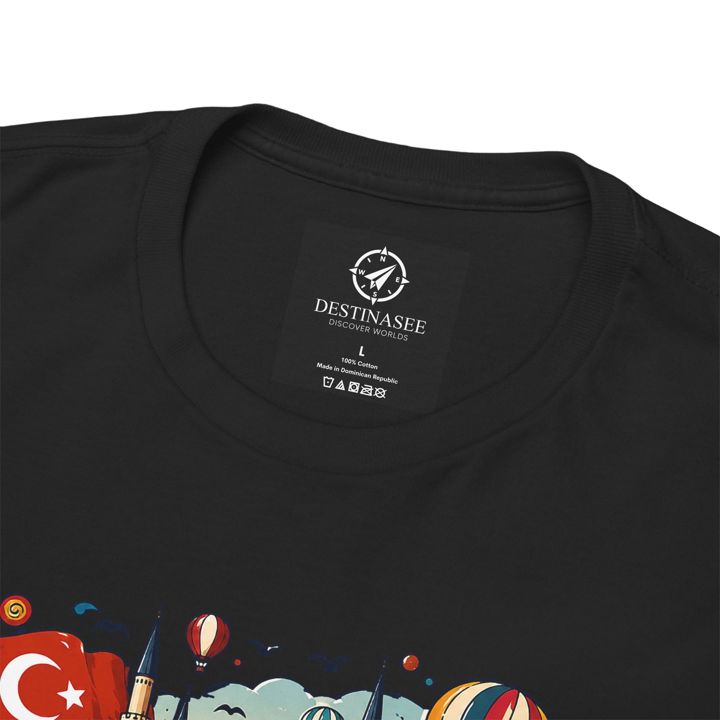 Black crew-neck T-shirt with neck label and partial Turkey graphic print