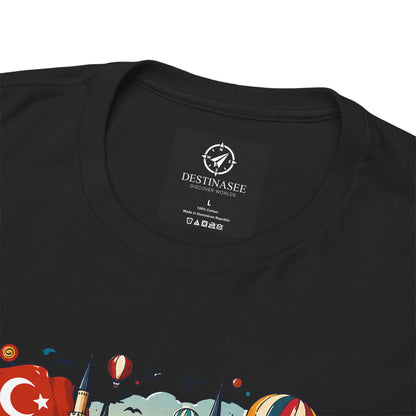 Black crew-neck T-shirt with neck label and partial Turkey graphic print