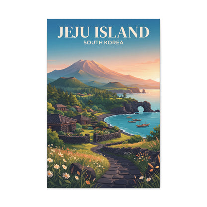 Matte canvas wall art of Jeju Island seaside path, flowers, and volcano at golden hour.