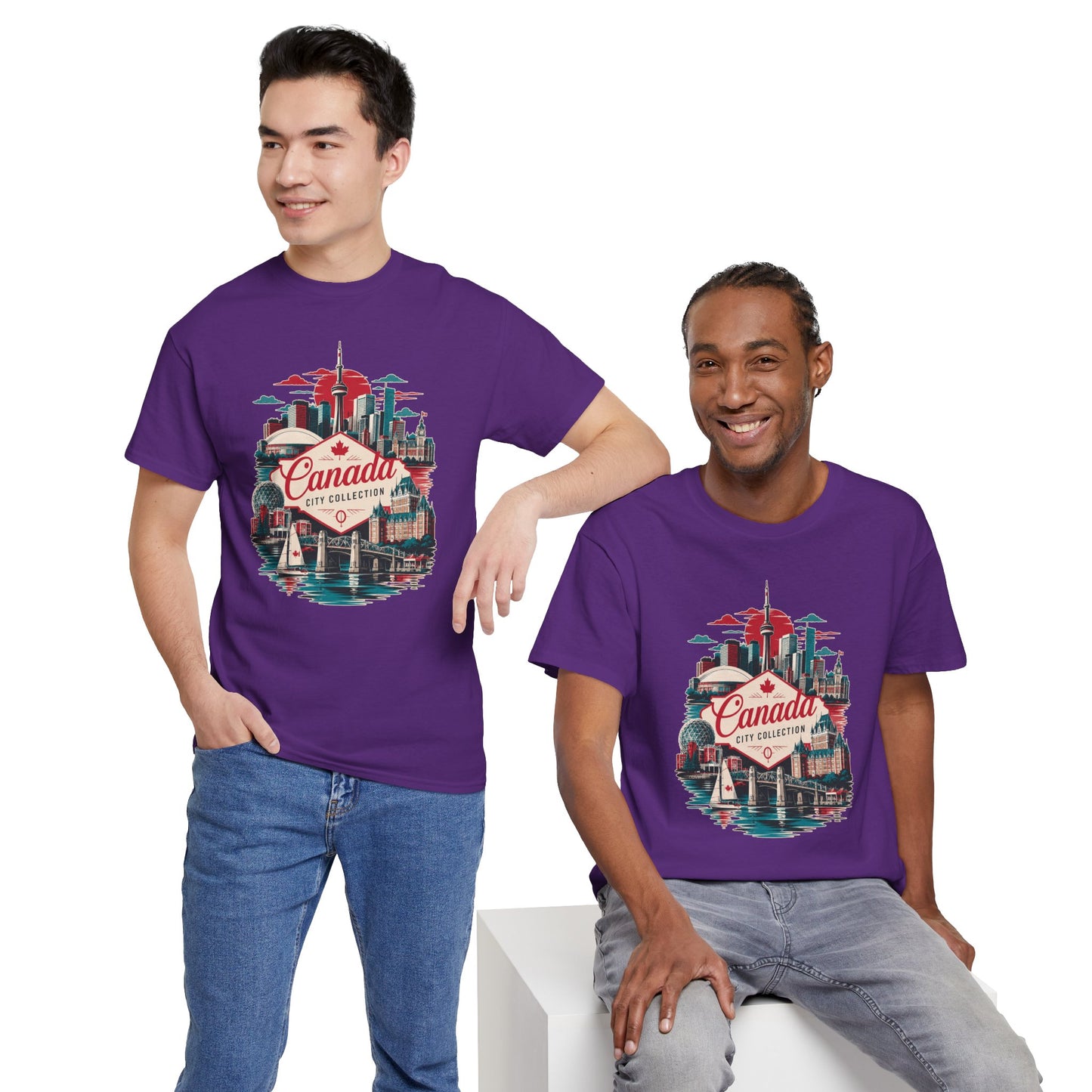 Purple T-shirt with front Canada skyline graphic, crew neck, short sleeves on two models.