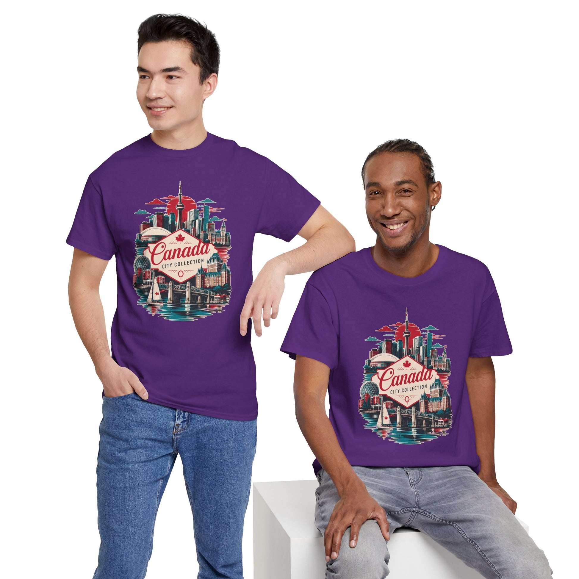 Purple T-shirt with front Canada skyline graphic, crew neck, short sleeves on two models.