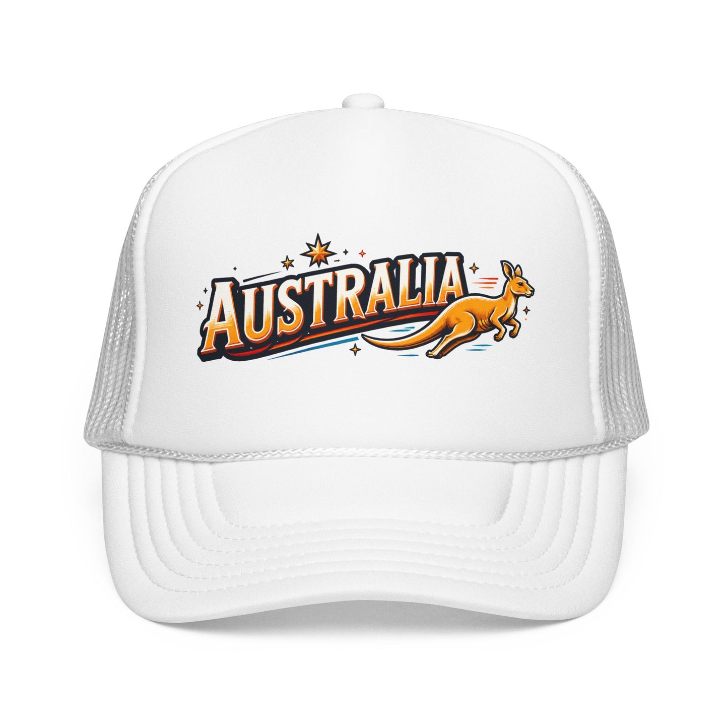 White trucker hat with AUSTRALIA kangaroo logo patch and mesh side panels