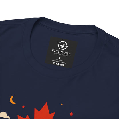 Dark navy crewneck tee with small neck label and Canada-themed graphic