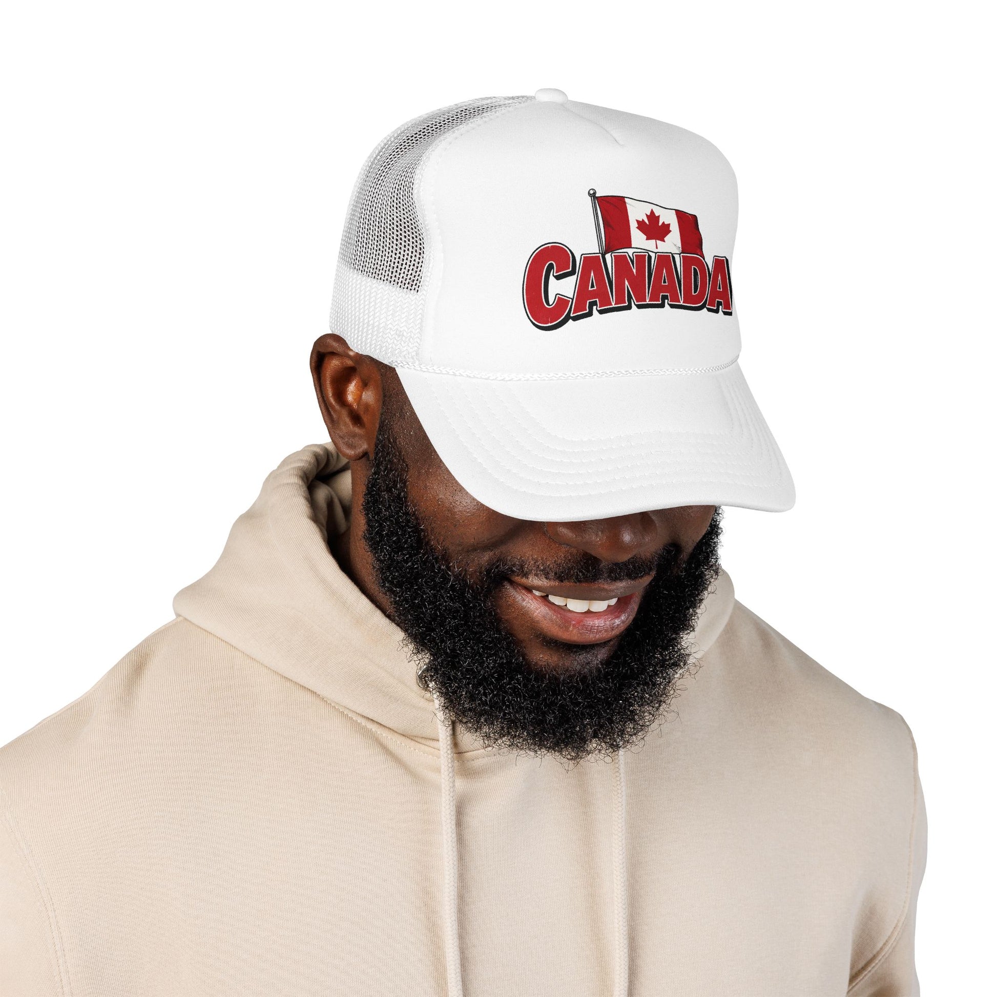White trucker hat on model, Canada flag logo patch