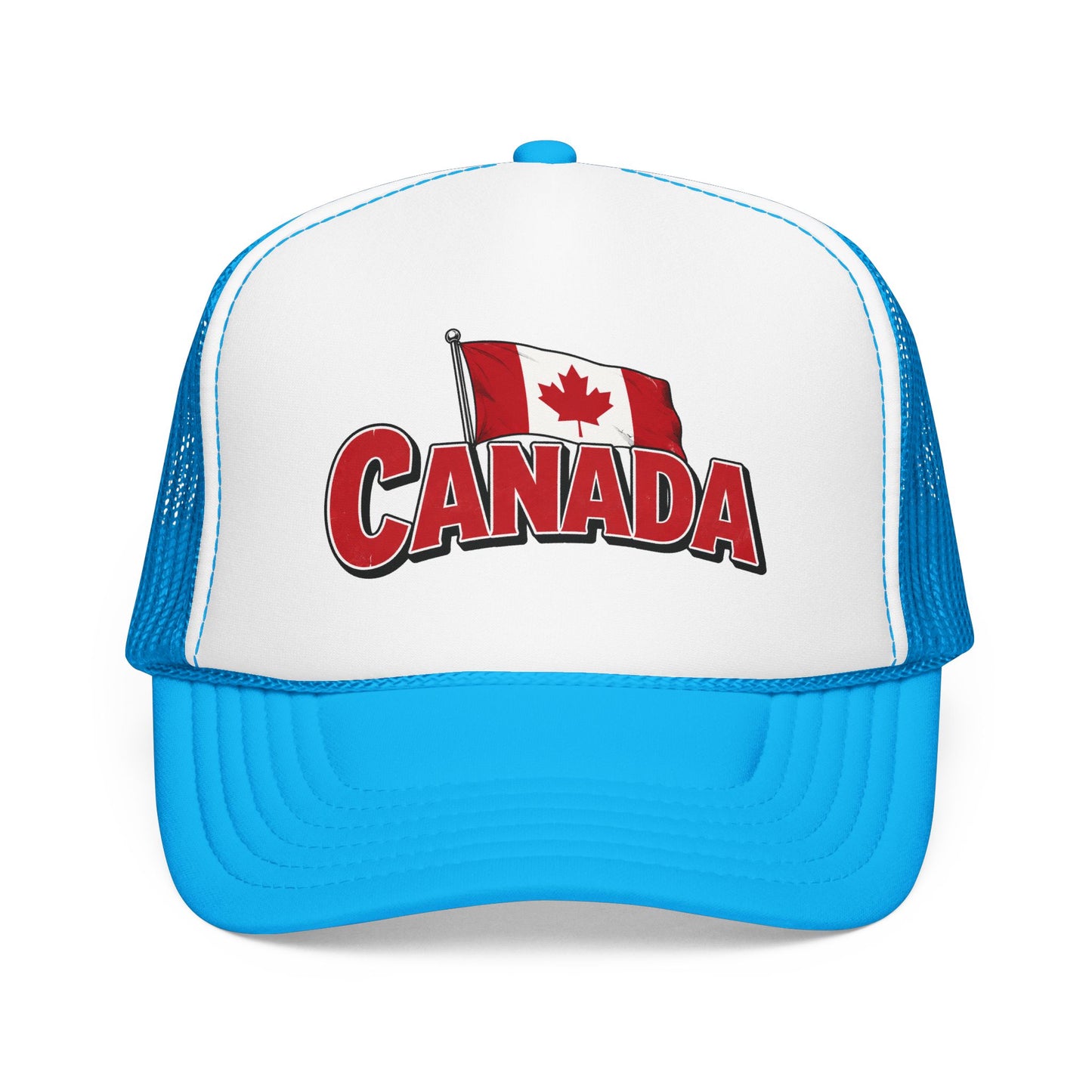 White and blue trucker hat with mesh sides and Canada flag “CANADA” front logo