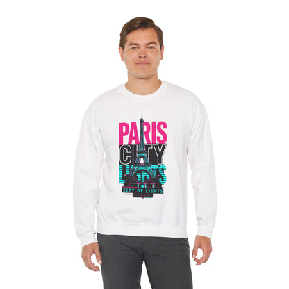 White crewneck sweatshirt with Eiffel Tower lights graphic and “PARIS CITY OF LIGHTS”