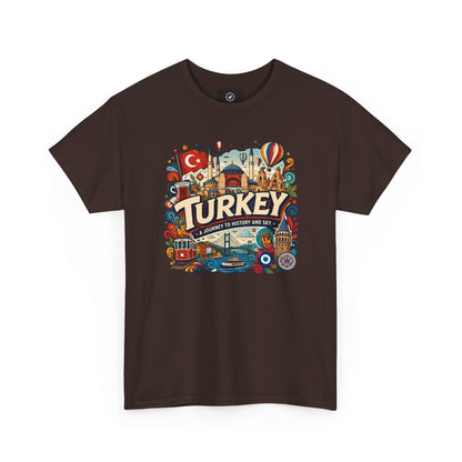 Dark brown crewneck graphic tee with colorful “Turkey” Istanbul landmark print