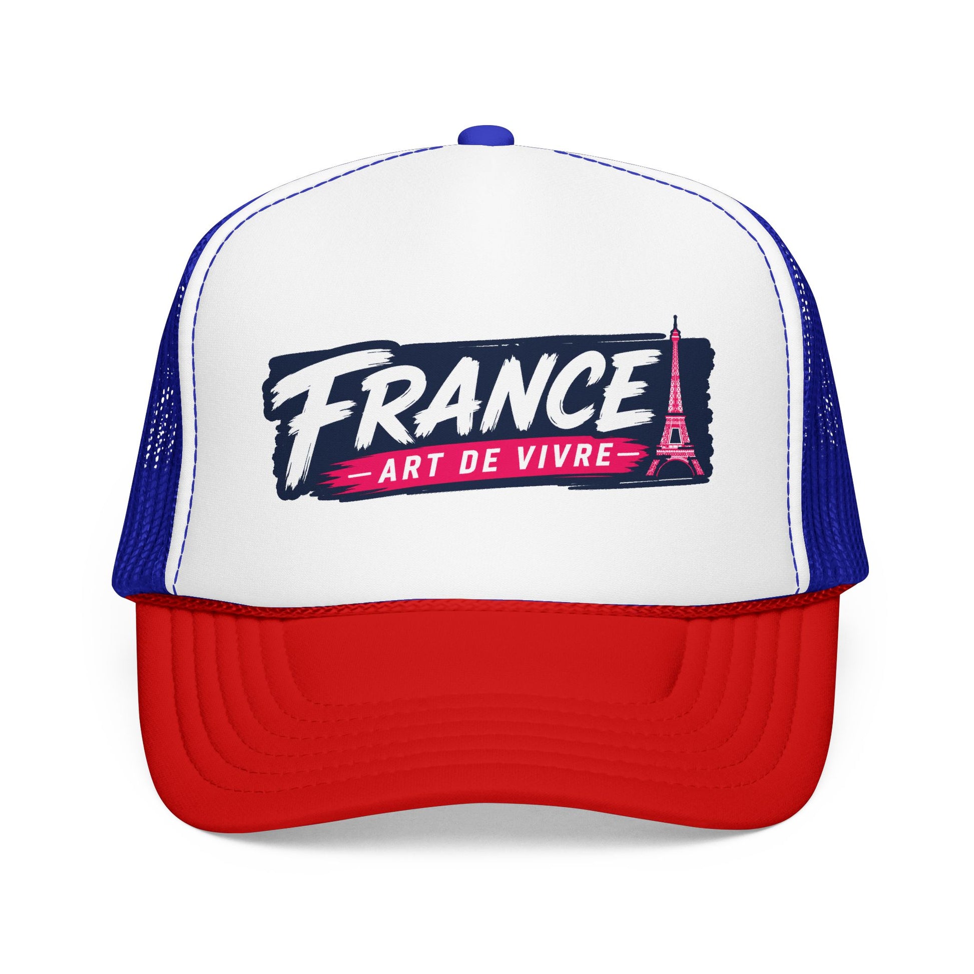 Trucker hat with white front, royal blue mesh sides, red brim, and 'FRANCE' graphic