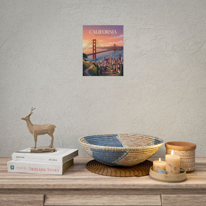 San Francisco California poster displayed on wall above tabletop decor and small sculptures