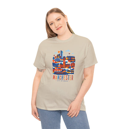 Light beige crew-neck t-shirt with colorful Manchester skyline graphic on the chest