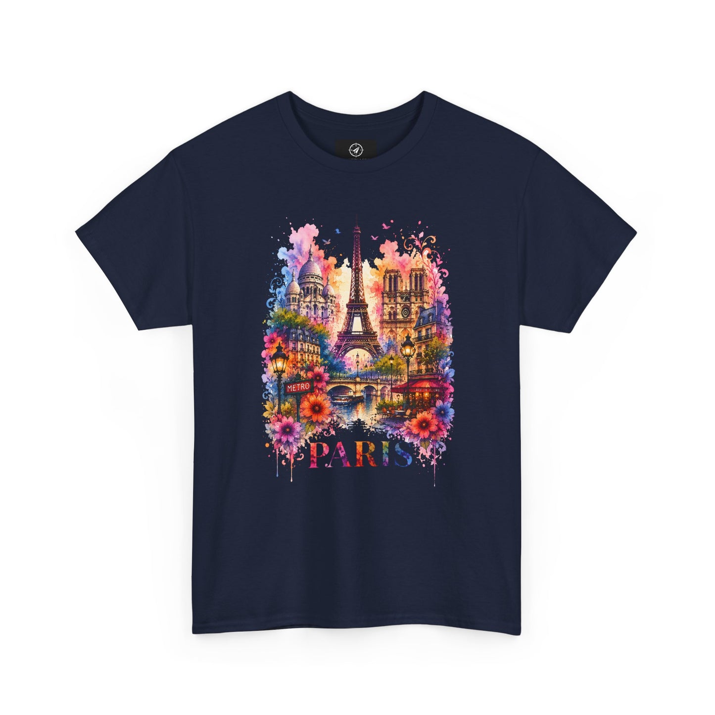 Navy T-shirt with colorful Eiffel Tower floral watercolor graphic and PARIS text