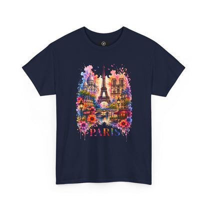 Navy T-shirt with colorful Eiffel Tower floral watercolor graphic and PARIS text