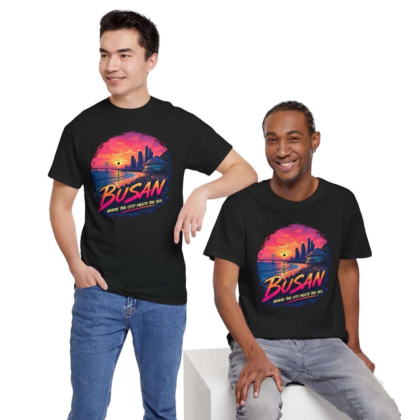 Black crewneck t-shirt with Busan sunset graphic, casual fit on models.