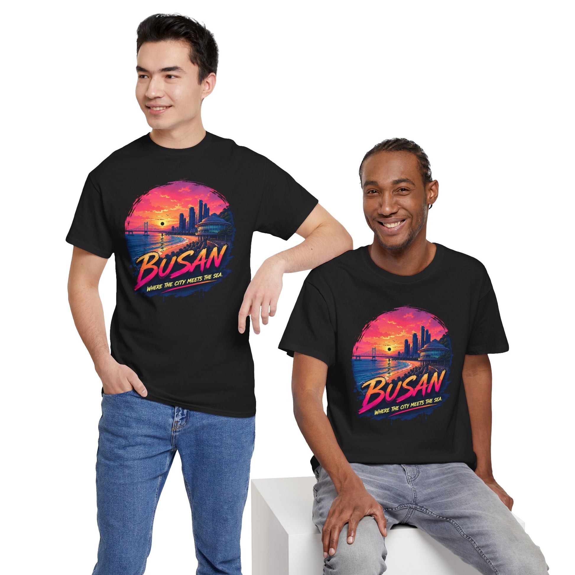 Black crewneck t-shirt with Busan sunset graphic, casual fit on models.
