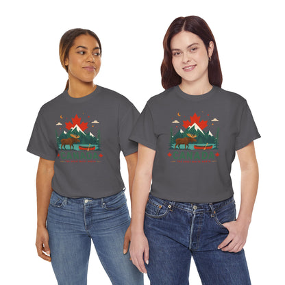 Charcoal gray crewneck tee with colorful Canada-themed outdoor graphic on front