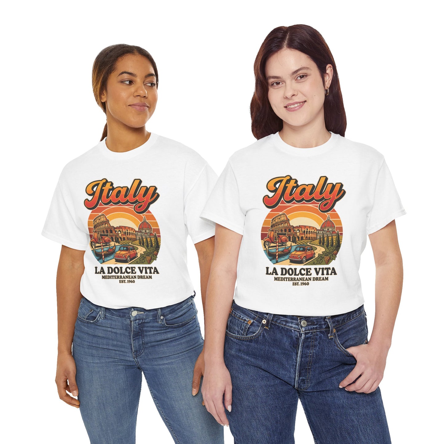 White vintage Italy graphic T-shirts on two people, front view