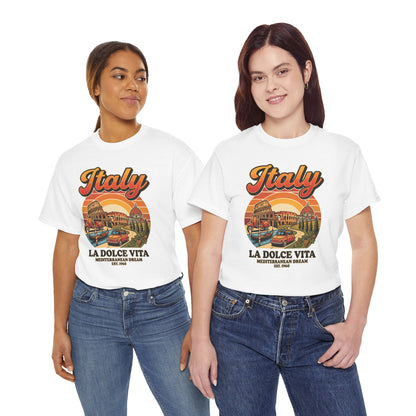 White vintage Italy graphic T-shirts on two people, front view