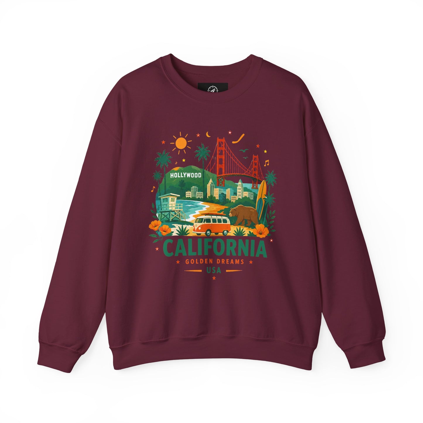 Maroon crewneck sweatshirt with colorful California graphic on the front.