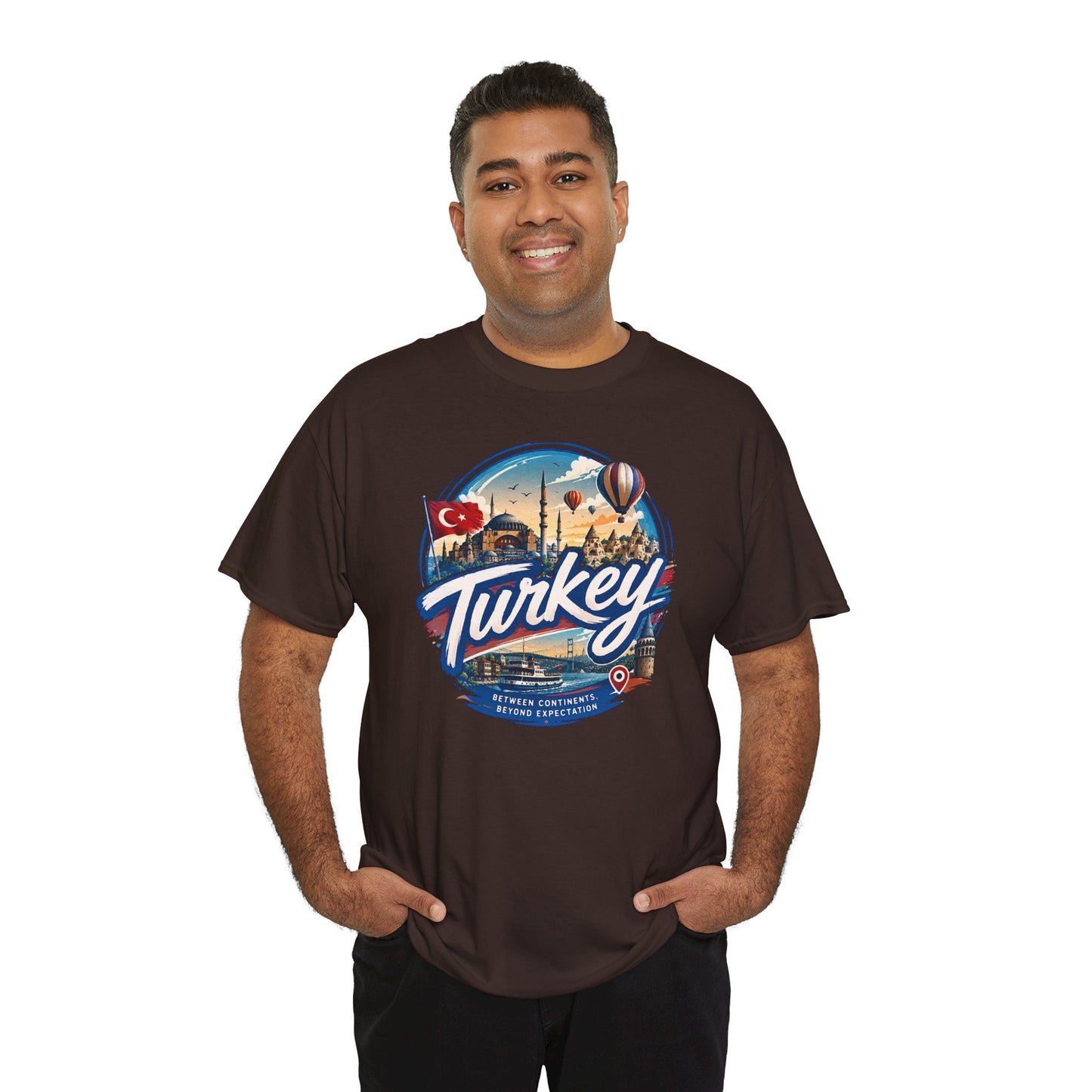 Dark chocolate travel T-shirt featuring a large circular Turkey graphic on the front