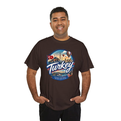 Dark chocolate travel T-shirt featuring a large circular Turkey graphic on the front