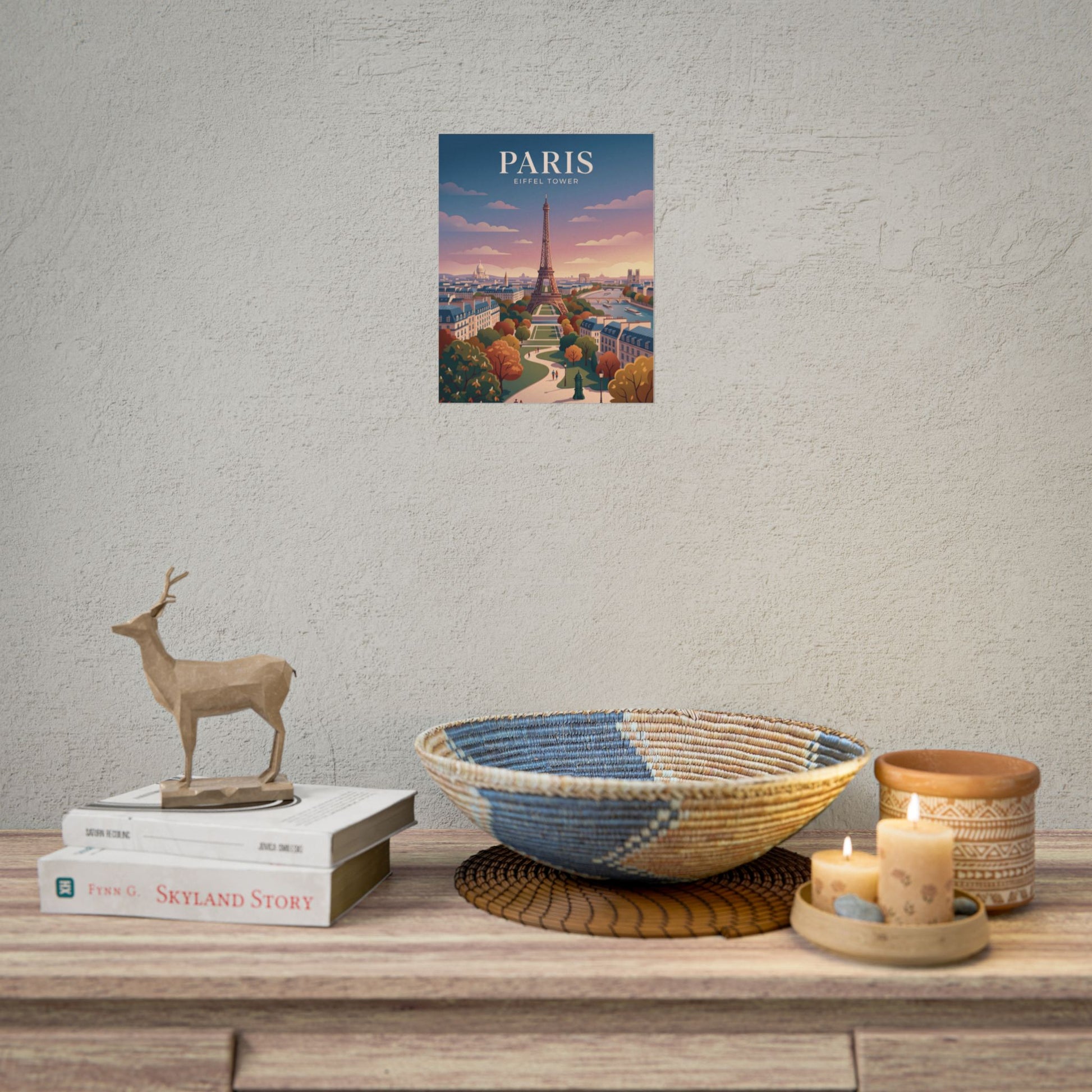 Small Paris Eiffel Tower poster on wall, cityscape artwork