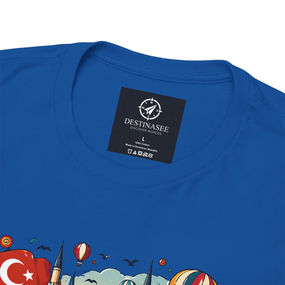 Light blue t-shirt back with logo label near collar and partial Turkey illustration