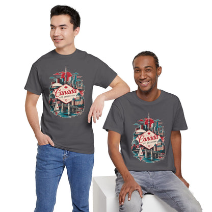 Charcoal crew-neck T-shirt with Canada city skyline graphic, worn by two models