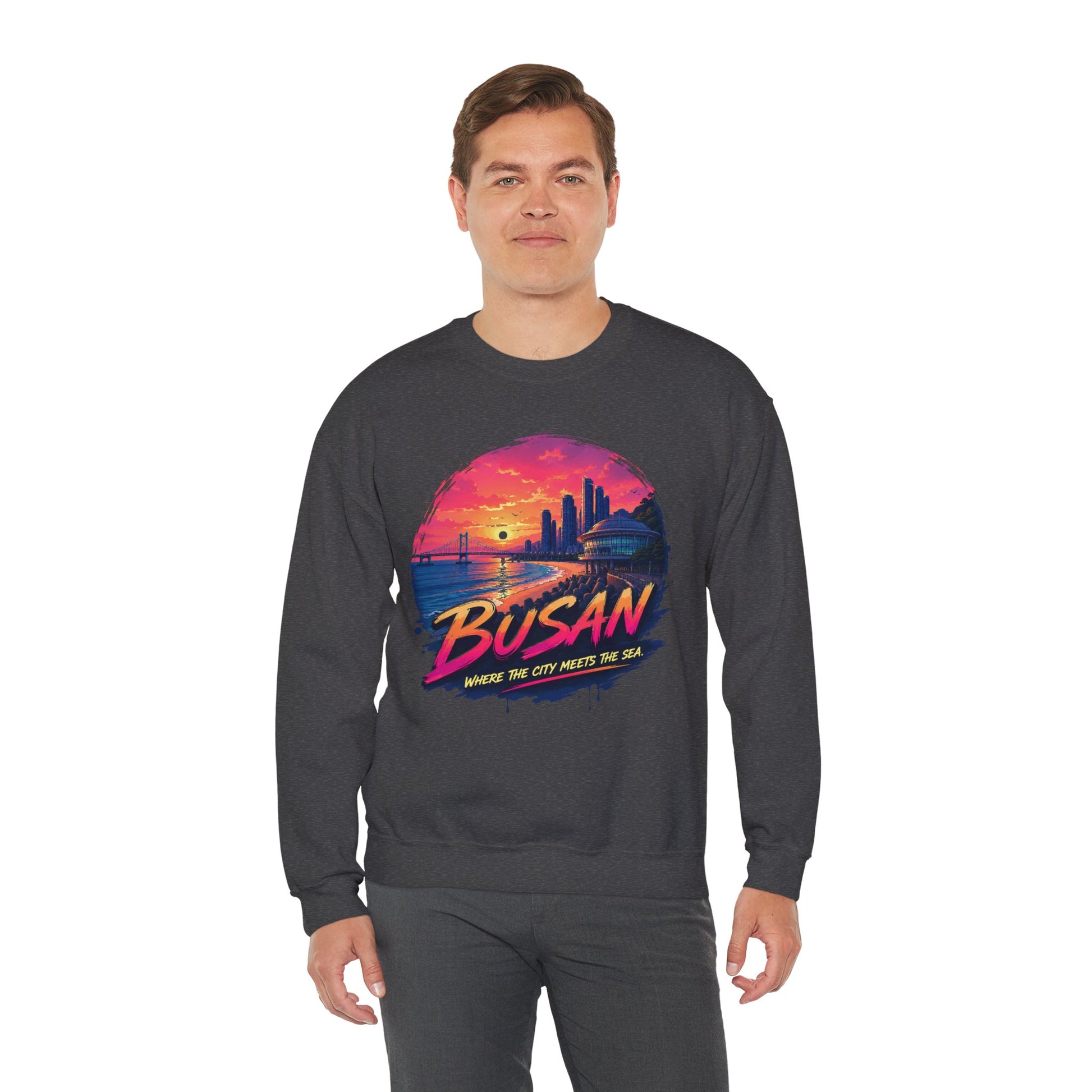 Dark charcoal crewneck sweatshirt with Busan sunrise city graphic on the chest.