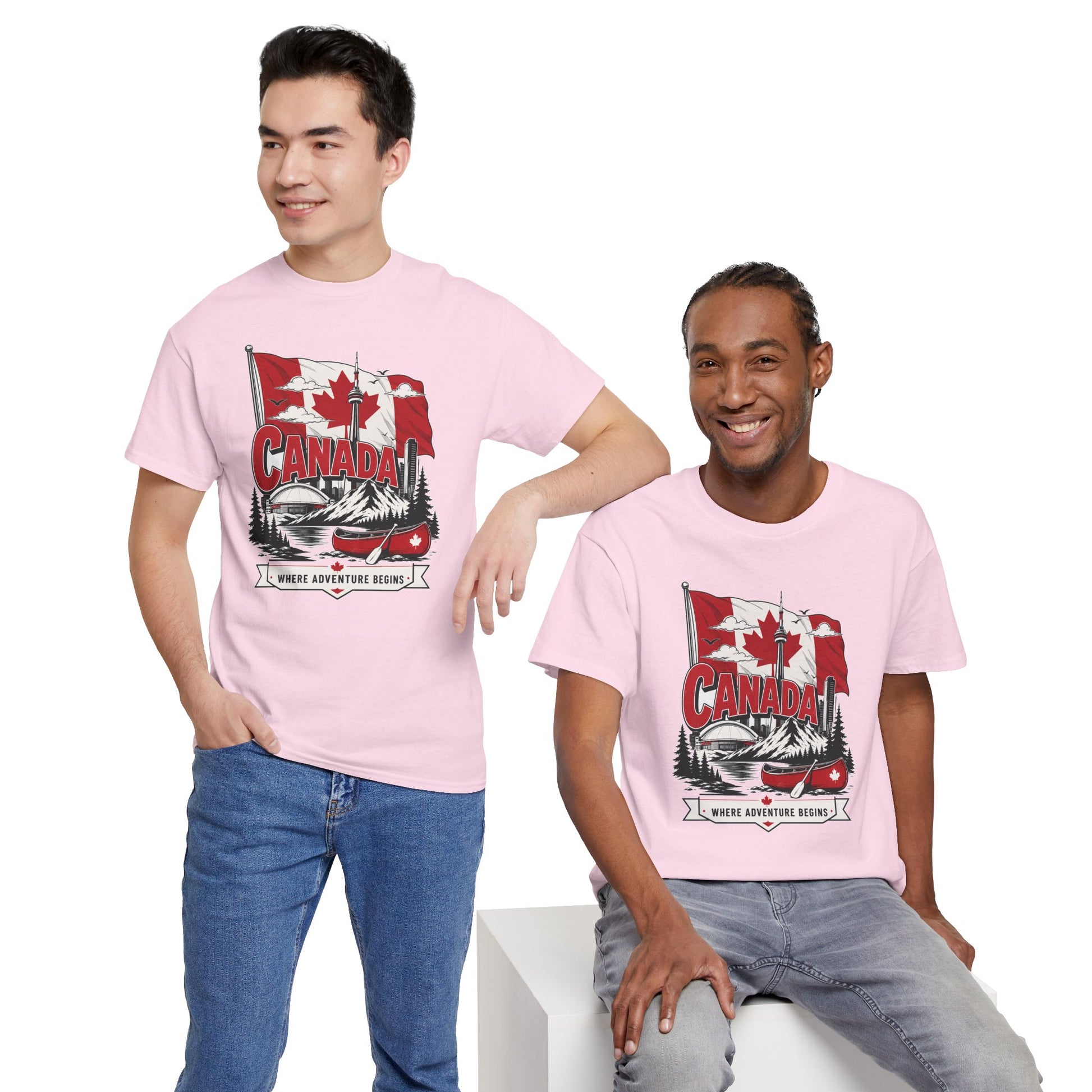 Pink Canada graphic T-shirt with canoe-and-maple leaf illustration at center