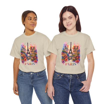 Natural/beige graphic T-shirt with colorful floral Eiffel Tower illustration and “PARIS” text