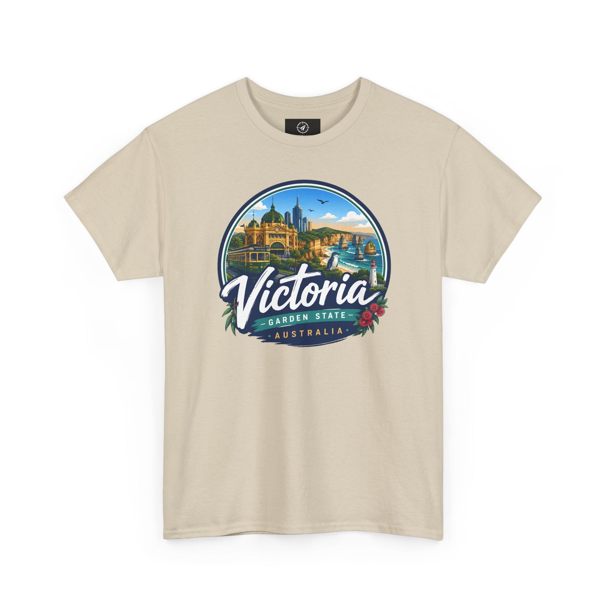 Light tan travel tee with Victoria graphic logo on the chest