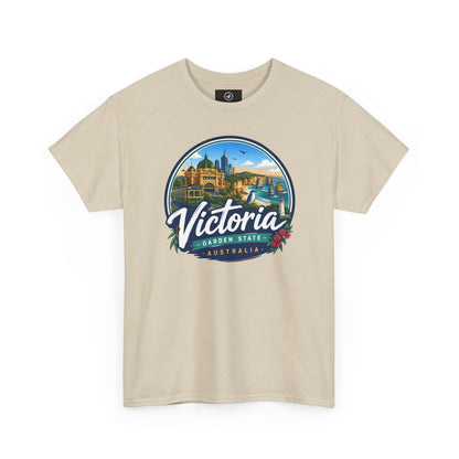 Light tan travel tee with Victoria graphic logo on the chest
